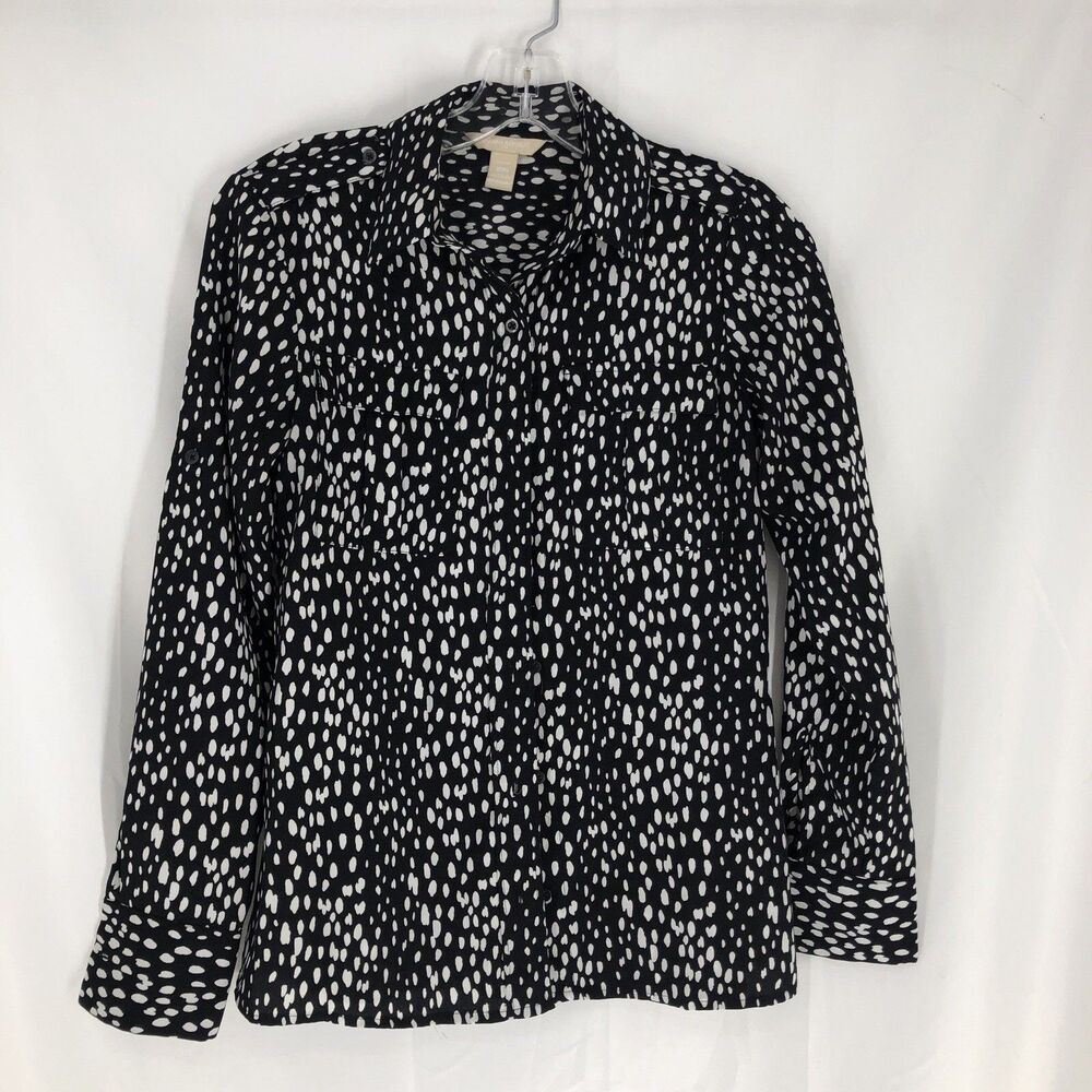 Banana Republic Black Polka Dot Button Down Blouse Roll Tab Size Petit XXS